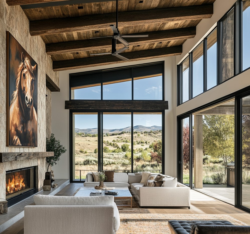 modern family room just off the kitchen with an open-concept floor plan in Utah