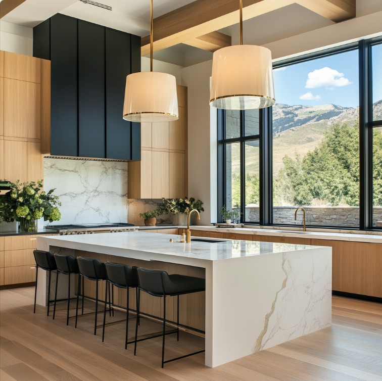 Luxury kitchen in Park City, Utah featuring custom Amish cabinetry, smart lighting, black-framed windows, and a Wolf range beneath a bespoke hood